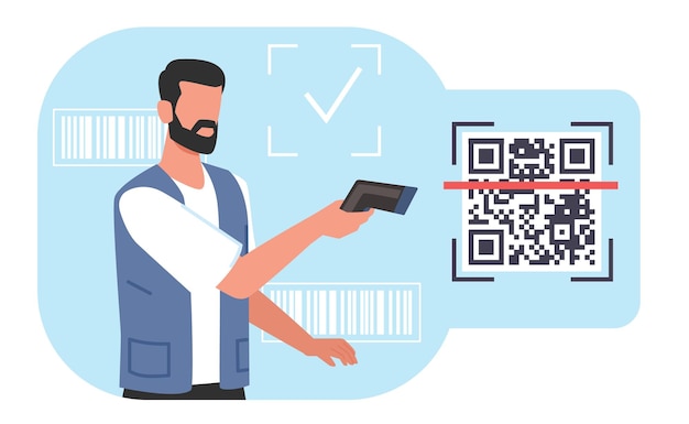Operatore maschio scansiona il codice qr sulla scatola con scanner Lavoratore di negozio o magazzino tecnologia online prodotto database etichetta ID segno identificazione elettronica concetto vettoriale di stile piatto cartone animato