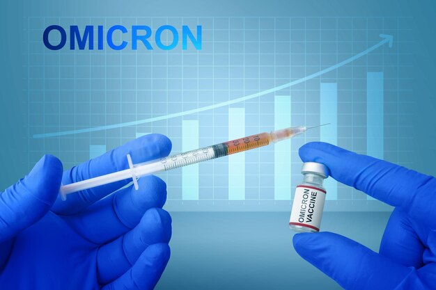 Operatore sanitario che tiene la siringa e il vaccino della nuova variante di covid 19 omicron con aumento dello sfondo del grafico