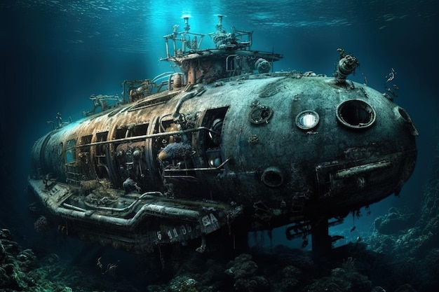 Operatore subacqueo di acque profonde che esplora un relitto di una nave aliena illustrazione generativa ai