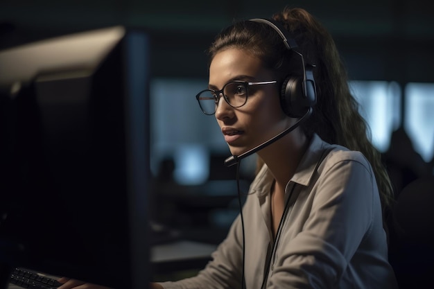 Operatrice del call center femminile davanti al computer e che spiega qualcosa a un cliente