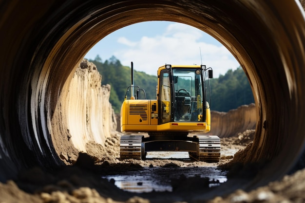 Operazioni di movimento della terra Escavatore Caterpillar al lavoro di trasformazione del cantiere vicino al cemento