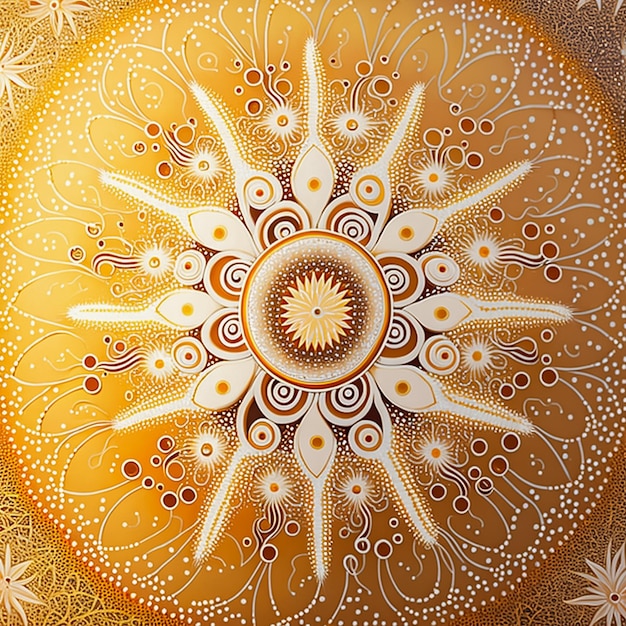 Opere d'arte aborigena australiana di intricati simbolismi antichi oro bianco colori luminosi AI Generato