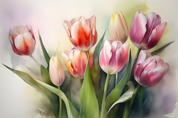 Opere d'arte ad acquerello che mostrano la bellezza dei tulipani IA generativa