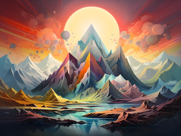 opere d'arte astratte con vista sulle montagne nello stile di forme geometriche colorate mike campau dettaglio