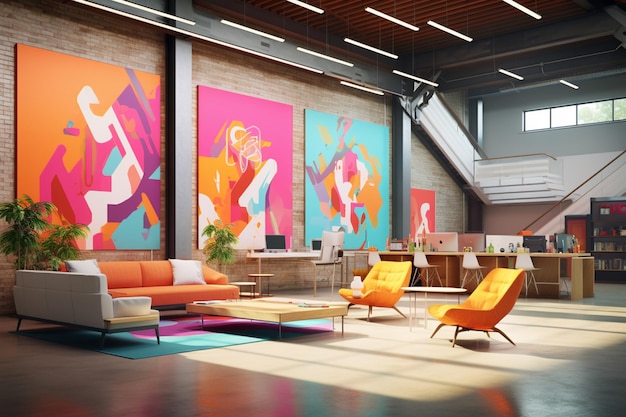 opere d'arte dai colori vivaci in un ufficio moderno con mobili arancioni generativi ai