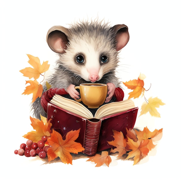 Opossum con libro e tazza nel bosco autunnale