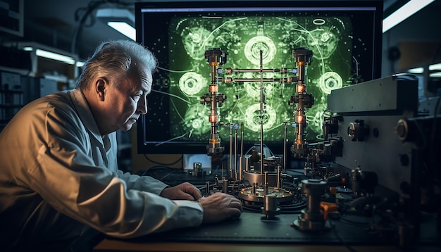 Oppenheimer sta lavorando sui dettagli della bomba nucleare in un laboratorio in cui uno scienziato sta effettuando ricerche