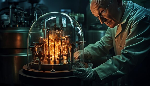 Oppenheimer sta lavorando sui dettagli della bomba nucleare in un laboratorio in cui uno scienziato sta effettuando ricerche