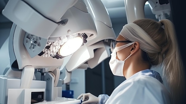 optometrista professionista che indossa un camice da laboratorio è concentrato sullo schermo di un computer Fare test in laboratorio