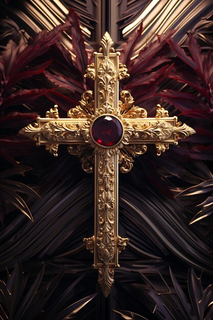 Opulenta croce sacra dorata e foglie di palma ingioiellate decorate Croce della Domenica delle Palme Foto Arte cristiana