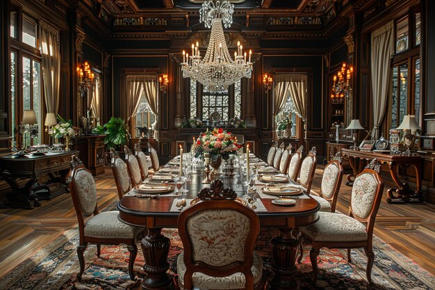 Opulenta sala da pranzo con un lampadario di cristallo e un'elegante tavola iperrealista