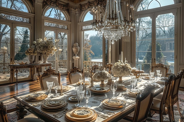 Opulenta sala da pranzo con un lampadario di cristallo e un'elegante tavola iperrealista