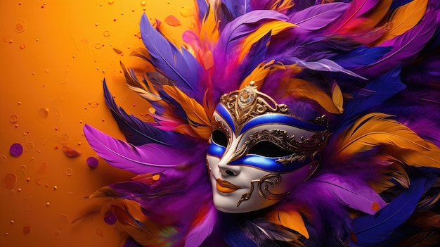 Opulente maschera d'oro adornata con piume viola e gemme AI generativa