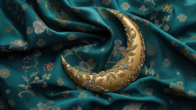Opulente Ramadan Kareem Sfondio lussuoso con una mezzaluna dorata con gioielli intricati tessuto di seta teal scuro con motivi floreali