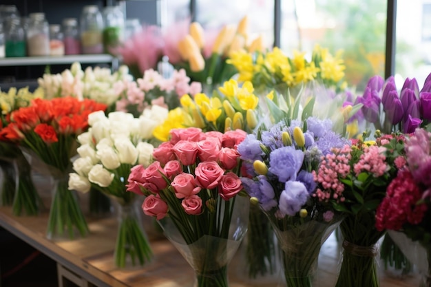 Opzioni assortite di bouquet da sposa disposte nel negozio di fiori