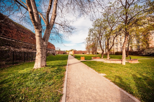 Oradea Romania con fortezza conosciuta anche come Nagyvarad e sullo sfondo Catedrala Episcopala invierea Domnului Transilvania occidentale in Romania