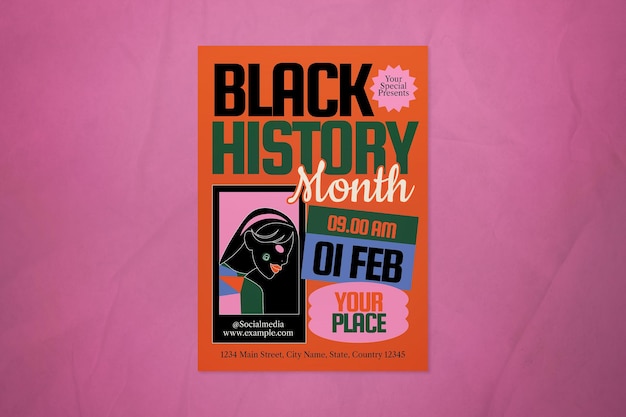 Orange Black Quirky Illustration Mese della Storia Nera Flyer sui social media