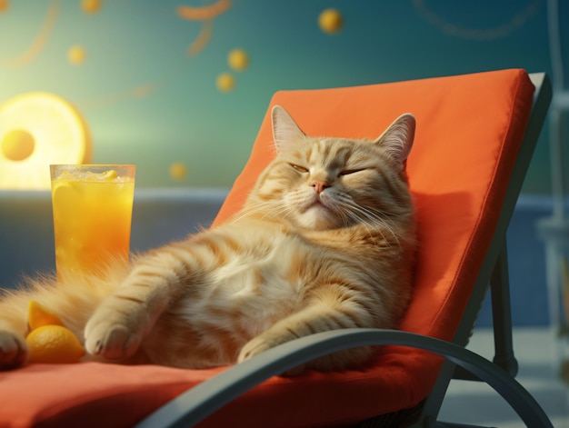 Orange Cat si rilassa e si sdraia su un lettino gustando succo d'arancia con Sunshine Generative AI