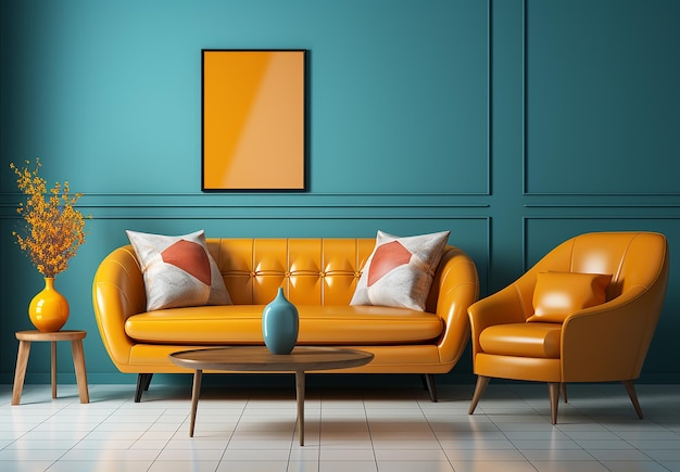 Orange_loveseat_divano_e_barrel_chair_contro_di_blu