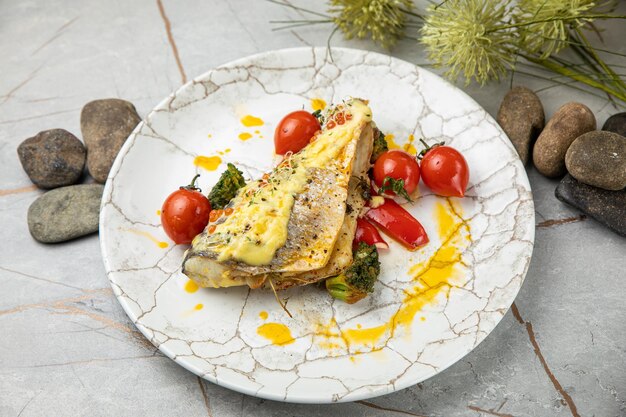 orata al forno con salsa di pomodori, peperoni e broccoli