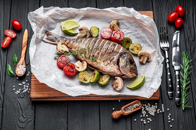 Orata di pesce Dorada alla griglia con l'aggiunta di spezie erbe e limone sulla piastra grill