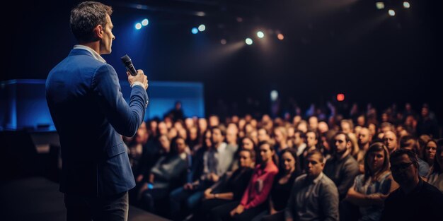 Oratore che si esibisce sul palco sotto i riflettori parlando a molte persone nel pubblico evento professionale