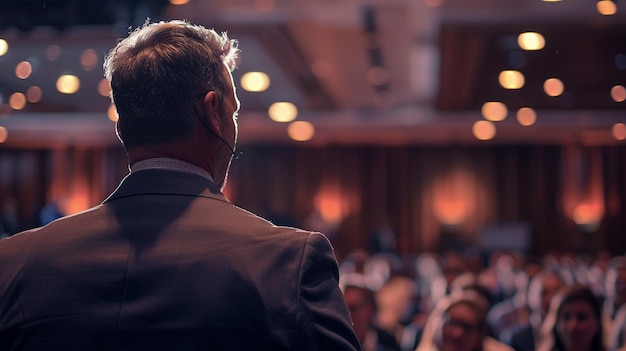 Oratore motivante che coinvolge il pubblico al seminario sul successo