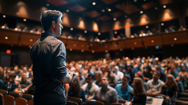 Oratore motivante che coinvolge il pubblico al seminario sul successo