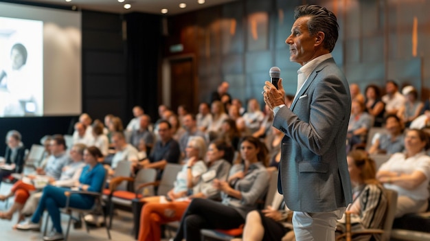 Oratore motivante che coinvolge il pubblico al seminario sul successo