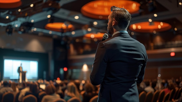 Oratore motivante che coinvolge il pubblico al seminario sul successo