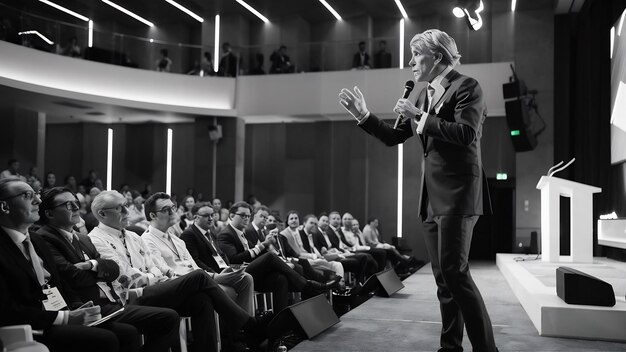 Oratore sul palco in una sala conferenze