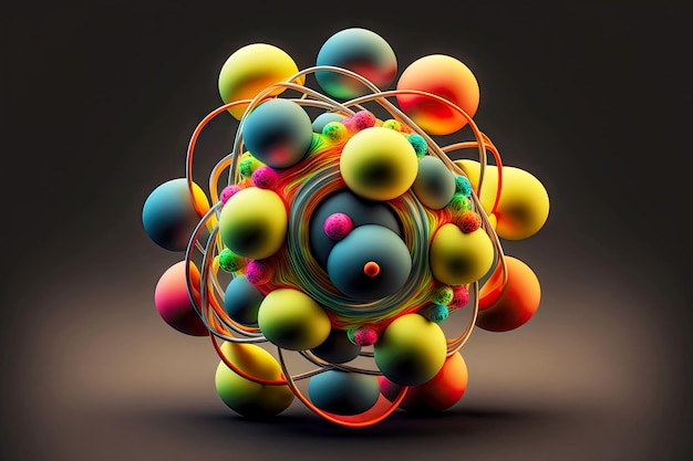 Orbita atomica modello sferico composito con protoni e neutroni gialli e blu