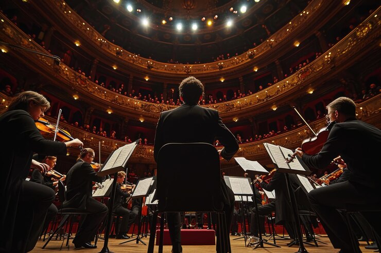 Orchestra performing on stage with conductor and audience