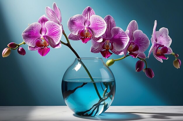 Orchidea da vicino sull'acqua blu in vaso di vetro