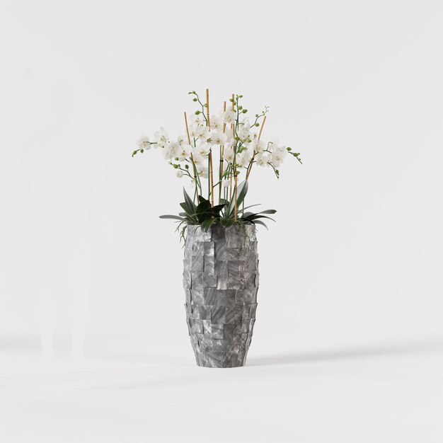 Orchidea decorativa bianca in vaso di pietra grigio isolato su sfondo bianco.