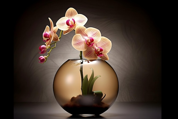 Orchidea in un vaso di vetro su uno sfondo scuro