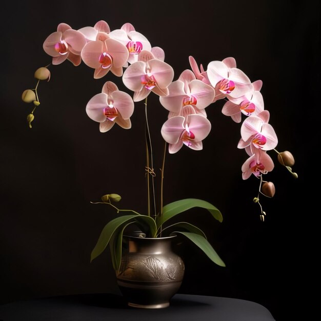 Orchidee bianche rosa in una pentola su uno sfondo scuro Fiori in fiore un simbolo della primavera nuova vita