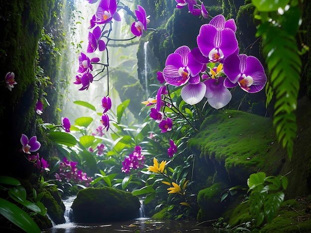 Orchidee della foresta pluviale amazzonica in fiore con un ambiente e una natura stupefacenti