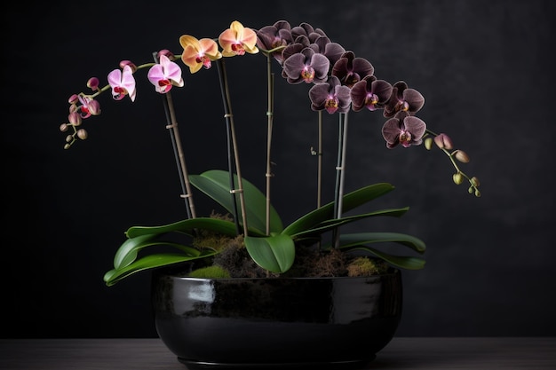 Orchidee riccamente colorate in un moderno vaso nero creato con AI generativa