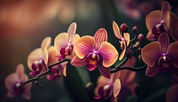 Orchidee su un ramo con uno sfondo dorato