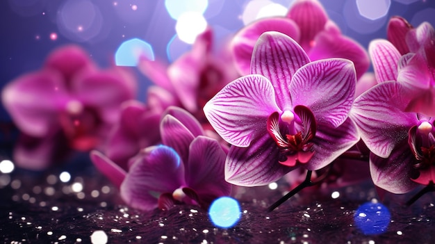 Orchidee viola con palle blu e bianche sullo sfondo