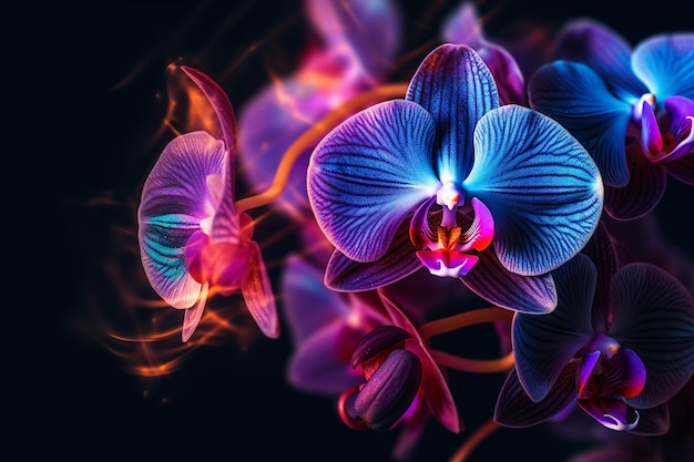 Orchidee viola e blu con uno sfondo nero