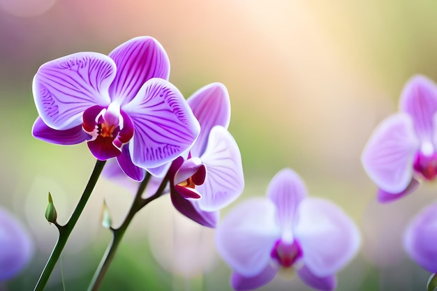 Orchidee viola in un giardino con uno sfondo rosa