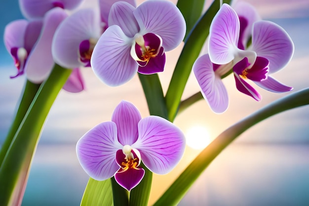 Orchidee viola su uno sfondo del tramonto