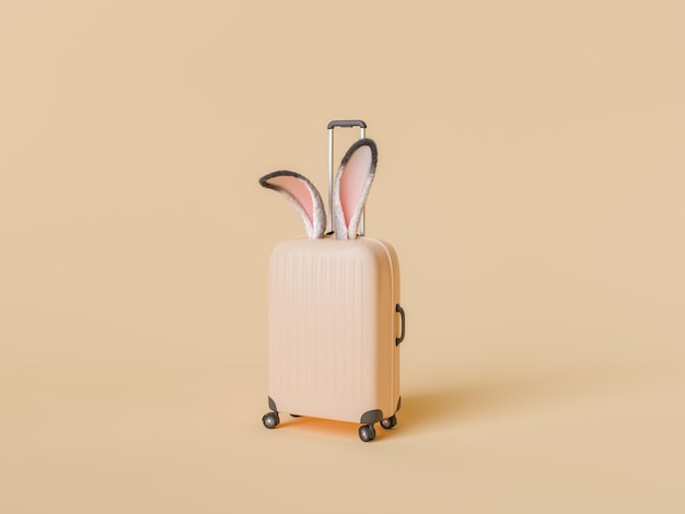 Orecchie di coniglio che spuntano dalla valigia di viaggio su sfondo pastello