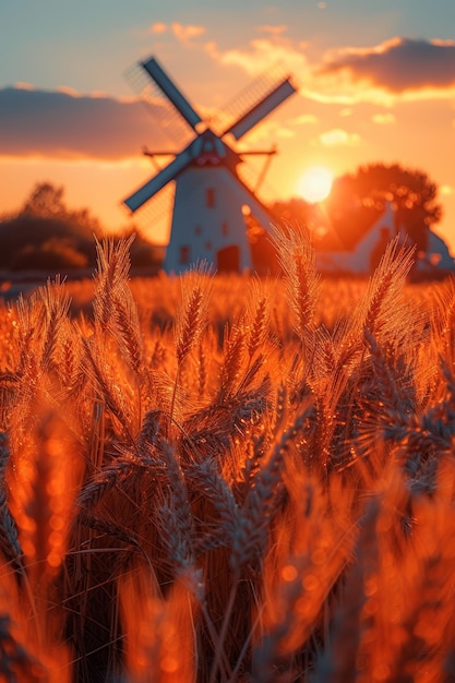 Orecchie di grano dorato e un mulino Bel paesaggio naturale al tramonto Un campo di grano