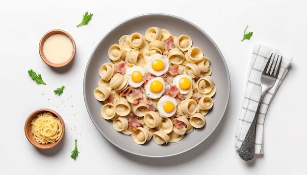 Orecchiette pasta carbonara casalinga con pancetta, uova, formaggio parmigiano duro e salsa a crema