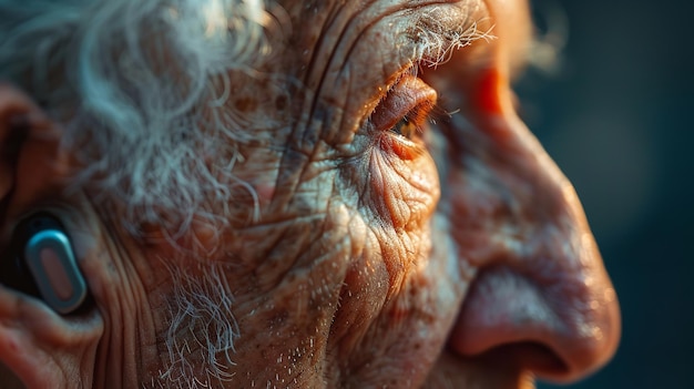 Orecchio di una persona anziana con apparecchio acustico Problemi uditivi in età avanzata Generativo Ai