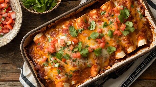 Organizzare le enchilade in modo casuale e leggermente disordinato per evocare la confortevole sensazione di cucina messicana fatta in casa Lasciare un po 'della salsa intorno ai bordi del piatto per un ulteriore fascino visivo