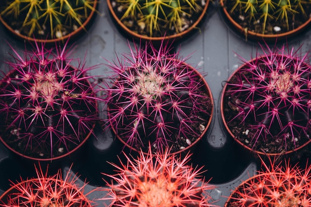 Organizzazione di cactus colorati artificialmente in un mercato dei fiori o in un vivaio